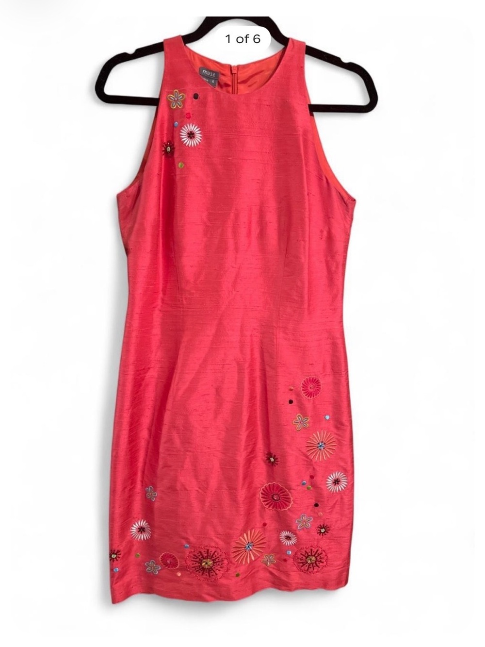 Muse vintage embroidered beaded Coral silk Sheath Dress